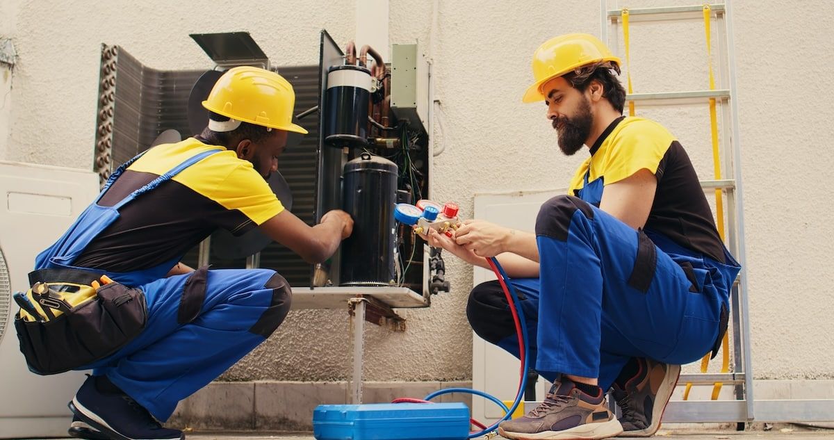Colleagues servicing condenser Colleagues servicing condenser
