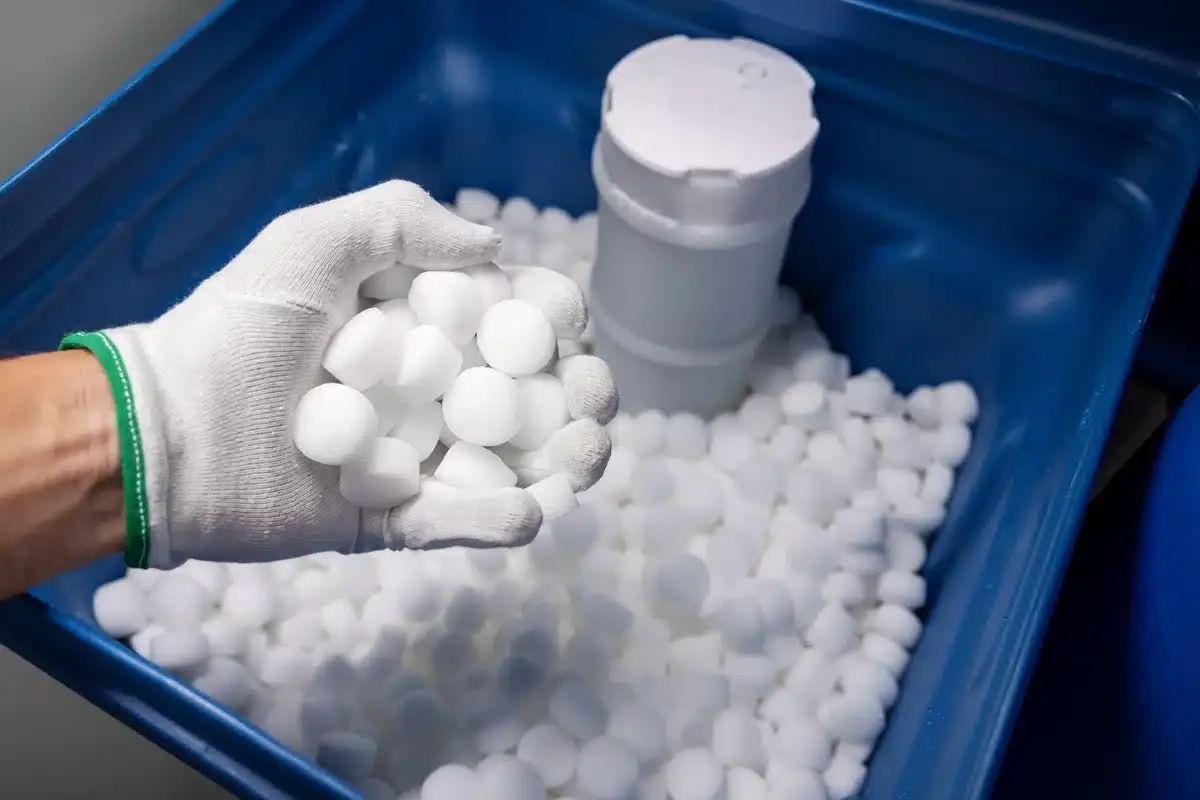 water softener system cost-gloved hand holding a handful of water softener tablets water softener system cost-gloved hand holding a handful of water softener tablets