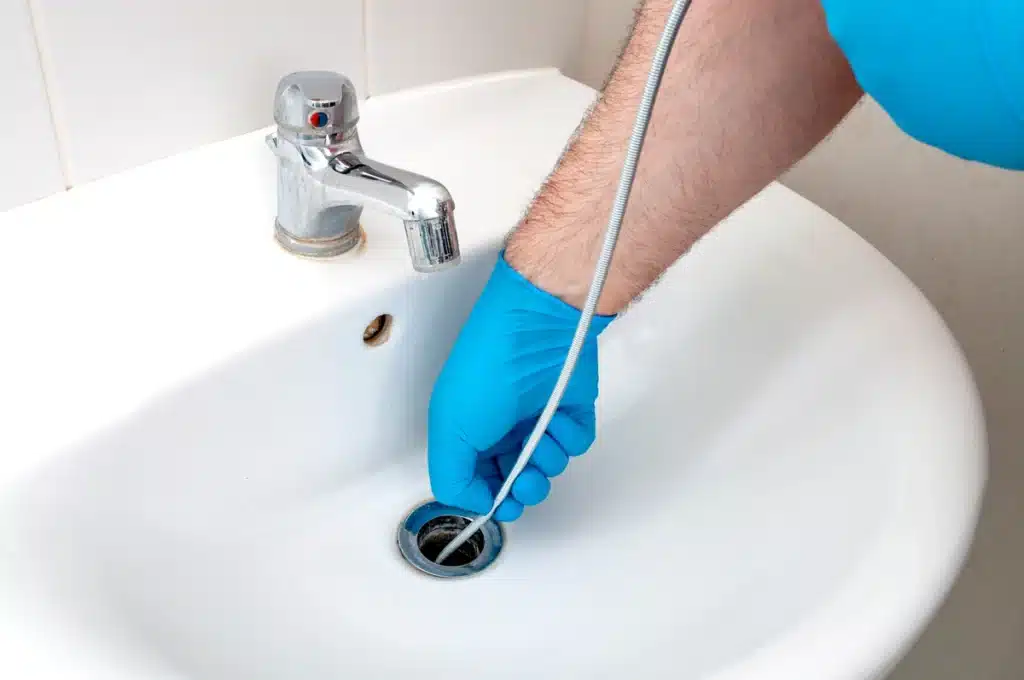 sink drain being cleaned with a snake tool