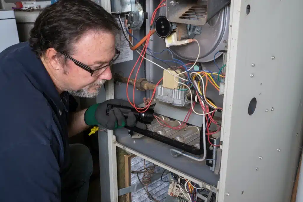furnace replacement cost-technician using flashlight to inspect furnace