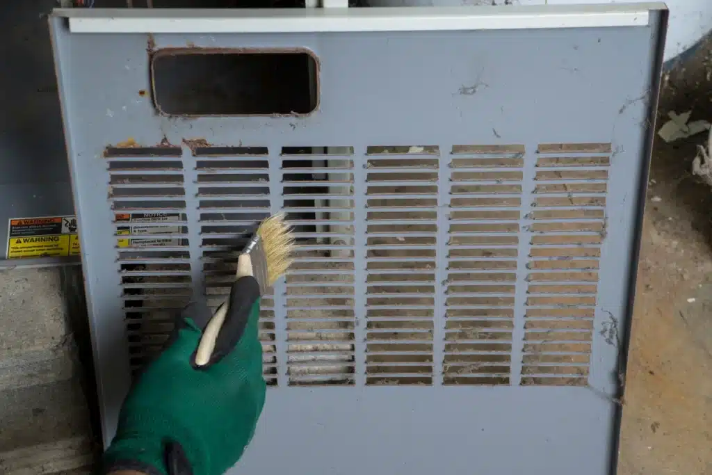 how often to change furnace filter-gloved hand cleaning vent of dust