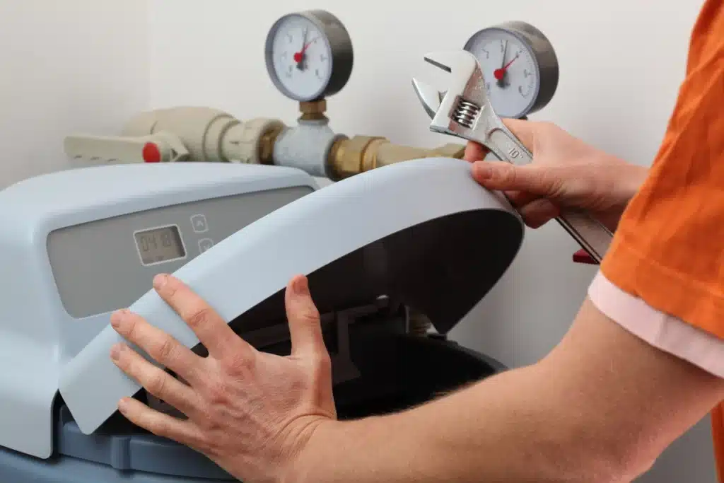water softener system cost-man opening the lid to water softener system