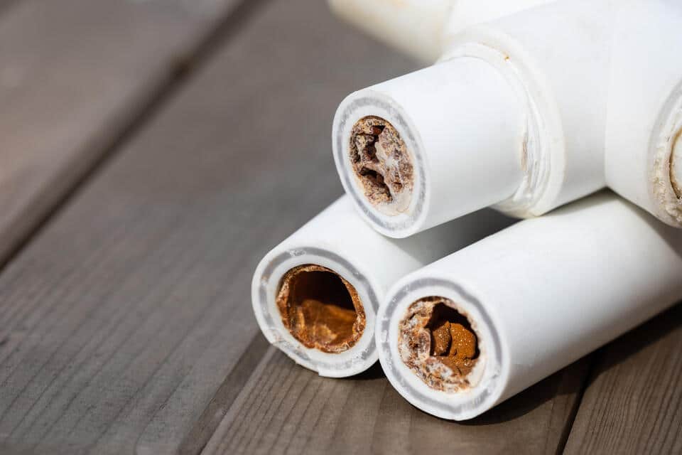 signs of hard water-pipes with their cross section exposed, revealing hard water mineral build up
