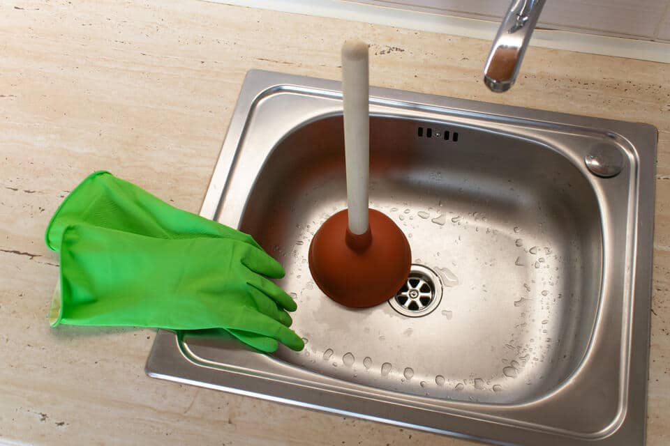how to unclog garbage disposal-gloves and plunger in a sink to unclog the drain