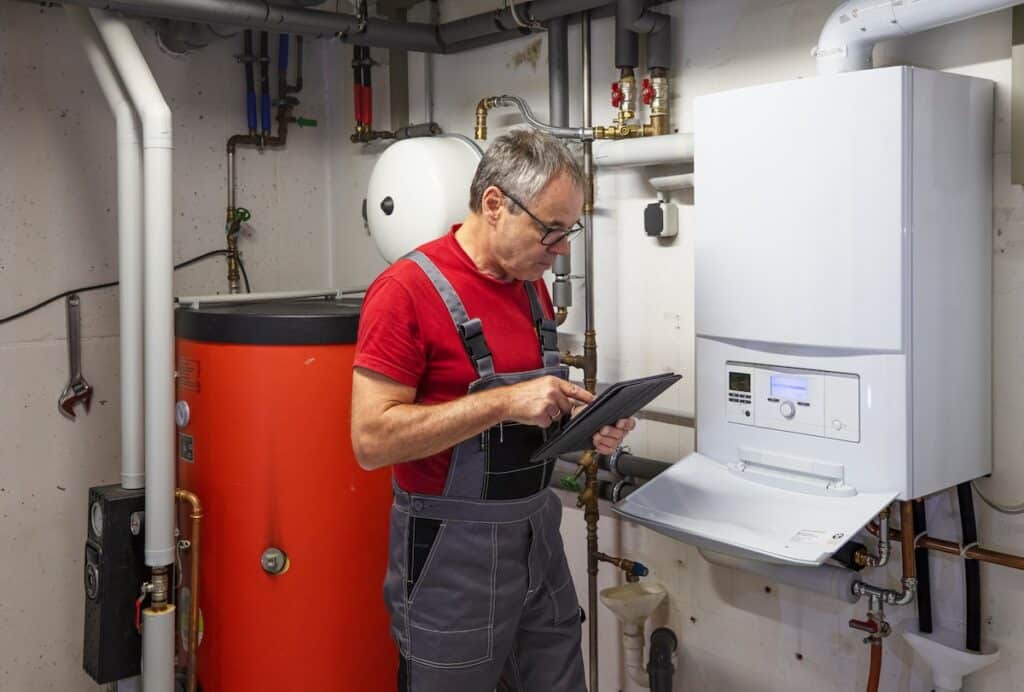 man working on tankless water heater